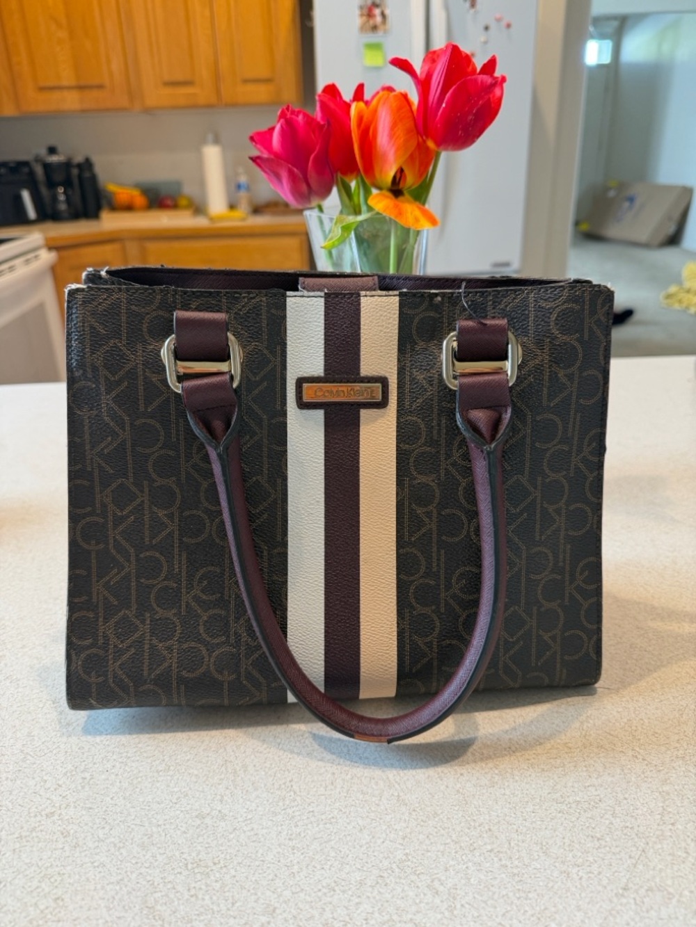 Calvin Klein Brown Monogram Tote with Burgundy and Cream Center Stripe